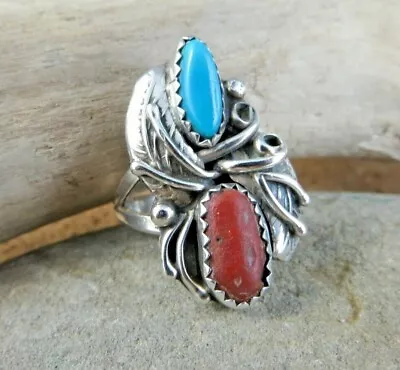 Vintage Native American Sterling Silver Turquoise Red Coral Ring  Size 5.5 #886 • $125