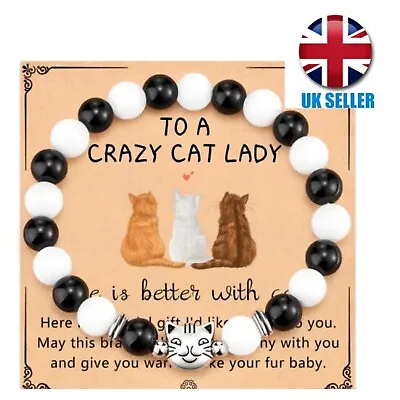 Natural Stone Cat Bracelets Beaded Stretch Bracelets With To Crazy Cat Lady Card • £6.99