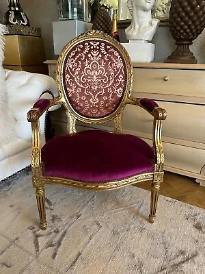 Country House Louis XV Gilt Gold Velvet Side Chair French Bergere Salon Chair • £5.50