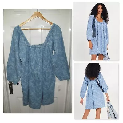 New Free People Puffed Sleeve Denim Lou Jean Babydoll Dress Size Small Tags $138 • £20