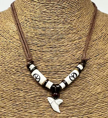 Fossil Shark Tooth Pendant Surfer Necklace For Men | Wood Beads • $15.95