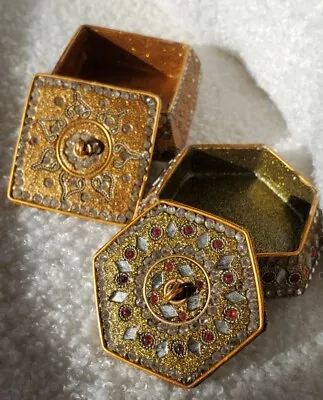 Set Of 2 Beaded & Bejeweled Gold Metal Trinket Boxes- Made In India-3  X 1  • $12.50