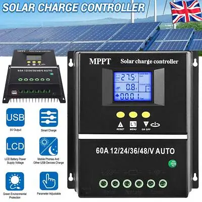 60A MPPT LCD Solar Charge Controller 12V/24V/36V/48V Battery Regulator UK • £27.20