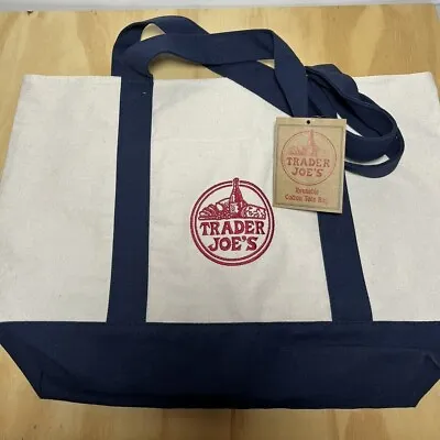 $7.99 • Buy Trader Joe's New Reusable Canvas Eco Tote Bag Heavy Duty Bag Blue White Brand