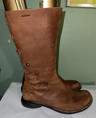 MERRELL Womens Tetra Launch Cherry Brown Leather WATERPROOF Riding Boots 8.5 • $29.99