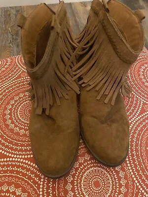 Mossimo Supply Co Boots Womens 8 Ankle Bootie Brown Suede Fringe Pull On Block • $20.60