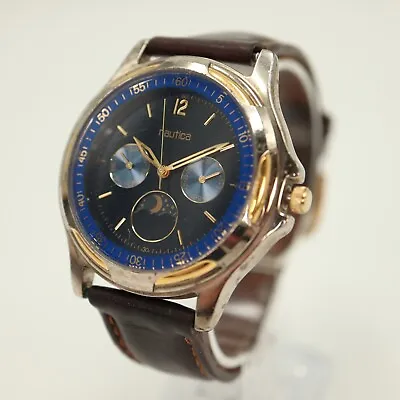 Vintage Nautica Moon Phase Watch 39mm Unisex Blue Dial Brown Leather New Battery • $37.99