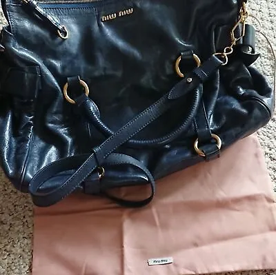 Miu Miu Vitello Lux Bow Bag In Navy • $650