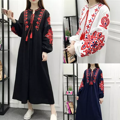 Women Vintage HIPPIE Mexican Floral Embroidered Boho Balloon Sleeve MAXI DRESS • £22.39