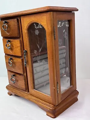 Jewelry Box VTG Floral 4 Drawer Armoire Style Etched Glass Velvet 10 1/2 • $24.99