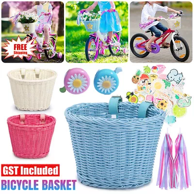 1/2x Kids Bicycle Basket Kit Front Handlebar Wicker Basket Streamers Bike Decor • $17.89