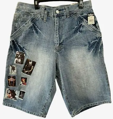 Vintage Rare Makaveli Branded Tupac 2pac Denim Jeans Shorts Blue SZ 38 NWT 90's • $69.99