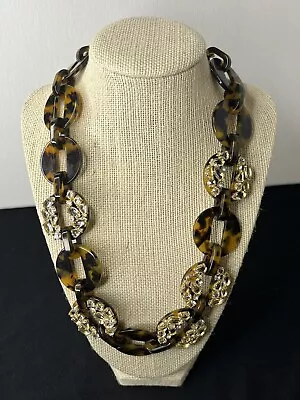 J Crew Faux Tortoise Shell Lucite Rhinestone Chunky Link Statement Necklace 19” • $36