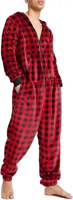 Ekouaer Men One Piece Pajama Christmas Fleece  Zipper Jumpsuit (Red Plaid - XXL) • $21.50