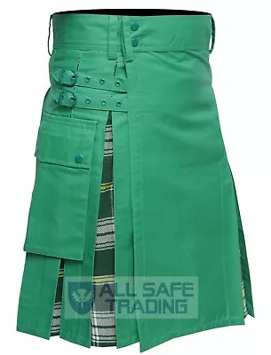 $35 • Buy Men's St. Patrick Tartan Hybrid Utility Cargo Pockets Kilt, Scottish Men's Kilt,