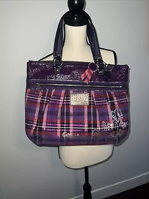 Coach 15886 Large Poppy Tarton Plaid Purple Glam Hanbag Tote EST1941 • $60