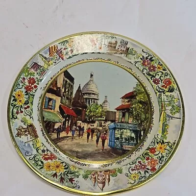 Vintage 8  Daher Gold Rimmed Decorated Ware Tin Plate French Town Scene Holland • $9.90