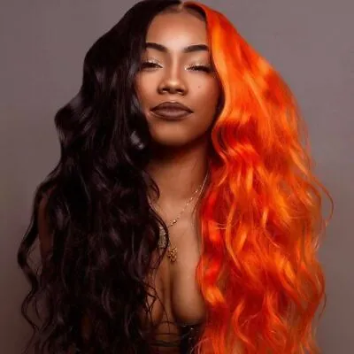 Long Curly Half Black Half Orange Lace Front Wig Heat Resistant Synthetic Wig • $27.99