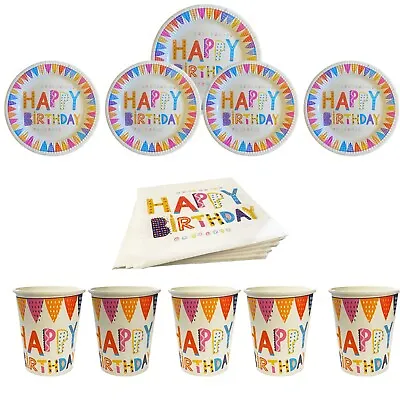 Happy Birthday Tableware Set Paper Plates Cups Napkins Colourful Party Decor UK • £8.30