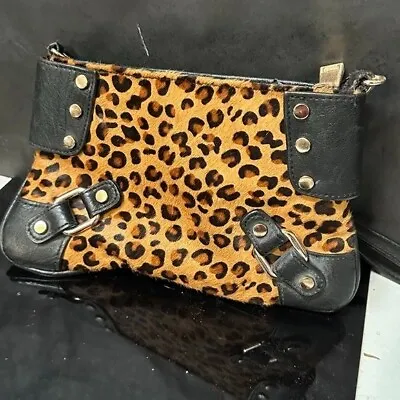 Caché Leopard Clutch Bag Vintage Biker Cheetah Flock Black Leather Studded • $28