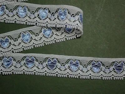 10 METRES - Dainty White With Blue Hearts Narrow Flat Lace Trim 18mm TOP SELLER • £3.95