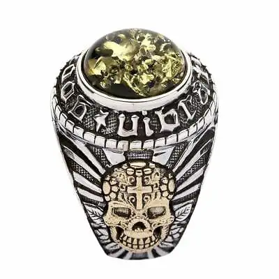 Sterling Silver Natural Green Amber Mexican Skull Gothic Mens Ring Virgin Mary • $126