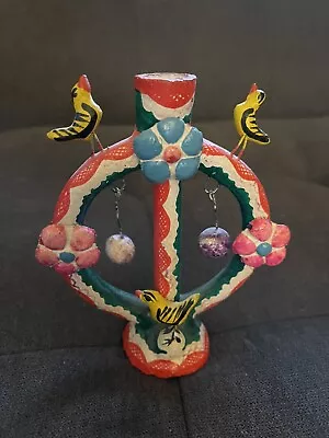 Vintage Mexican Tree Of Life Candelabra 6” Folk Art Bird Pottery Candle Holder • $20