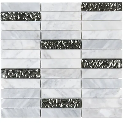 White Carrara Marble Stone Silver Glass Mosaic Tile Stacked Kitchen Backsplash • $2.99