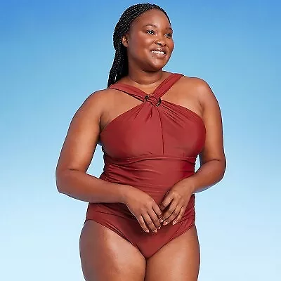 Women's Ring Crossover Ruched Full Coverage One Piece Swimsuit - Kona Sol Red L • $7.99