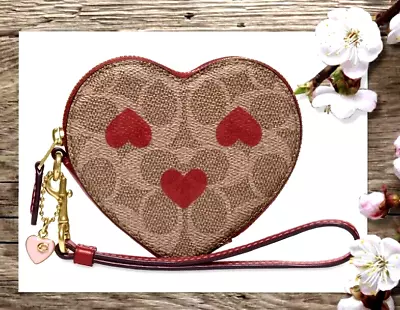 NWT Coach Signature Coated Canvas W/Heart Print COIN PURSE Wristlet In TAN RED • $168.36