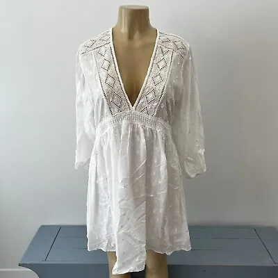 Zara White Embroidered Lace Dress Sz L Coverup Clip Dot V-neck Lightweight • $26.99