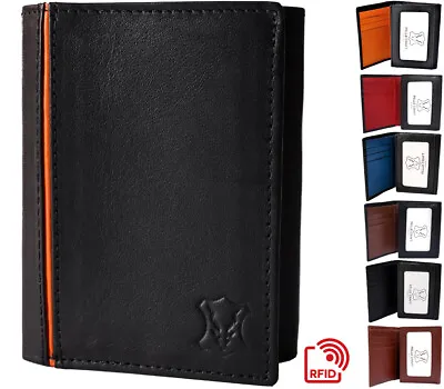 Mens Leather Wallet Trifold RFID  12 Card Holder Window ID Gift Box Personalised • £13.99