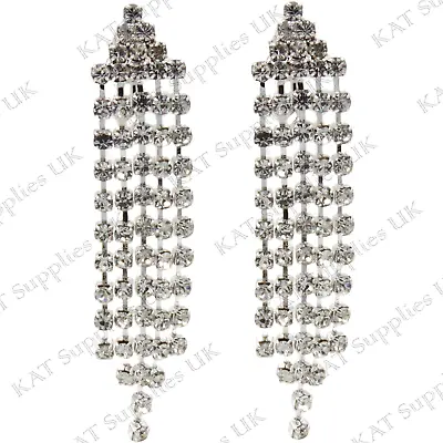 Clip On Earrings Silver Long Dangle Drop Tassel Crystal Non Pierced Ear Jewelry • £3.99