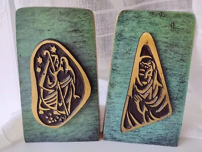 Vintage MCM Green Bookends By Dayagi Israel Small & Heavy Brass Joseph Mary • $29.99