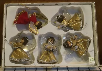 5 Vintage German Wooden Angel Christmas Tree Ornaments Hand Painted In Orig Box • $25