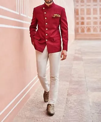 Mens Jodhpuri Suit Red 2 Piece Indo Western Suit Wedding Party Wear Coat Pants • $166.95