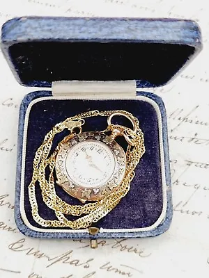 18 Ct 3 Colour Gold Embossed Fancy Case Pocket Watch Necklace 14 Ct Gold Chain • £699