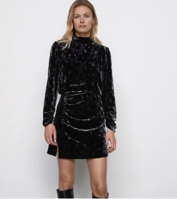Zara Paisley PRINTED VELVET Mini DRESS HIGH COLLAR RUCHED LONG Size M • $19.99