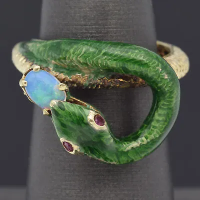 Vintage 14K Yellow Gold Opal & Ruby Green Enamel Snake Band Ring • $1395
