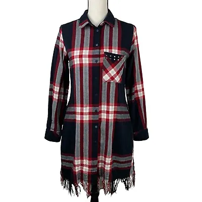 Zara Basic Women's Fringe Plaid Shirt Dress XS Studded Button Up Long Sleeve • $19.99