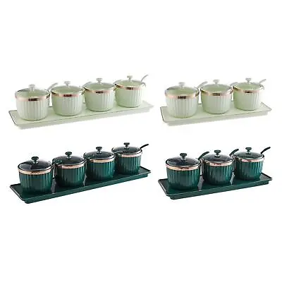 Condiment Pots Set With Lid Spoon Tray Salt And Sugar Container Spice Jar Modern • £12.65