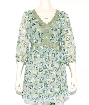 NWT Entro Green Floral Balloon 3/4 Sleeve Elastic Waist Dress Lace Lining Size S • $14.39