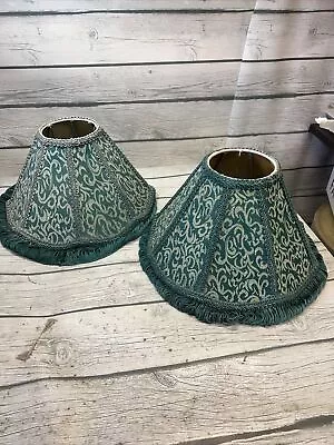 Vintage Victorian Fabric Lamp Shade Damask Green Tassel Scallop Brocade Set Of 2 • $85