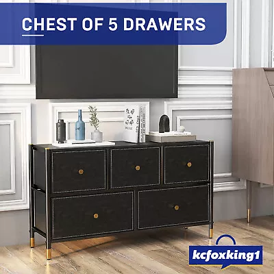 5 Chest Of Drawers Tallboy Dresser Table Storage Fabric Bedroom Furniture Black • $89.49