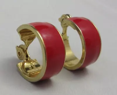 Vintage Monet Signed Red Enamel Hoop Clip On Earrings Gold Tone 3/4  Diameter • $14.99