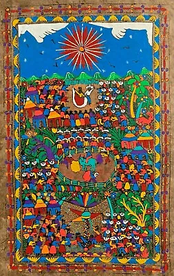 $29.99 • Buy 15 1/2 X 23  Mexican Tradition Folk Art Amate Bark Hanging Bull Painting Aztec