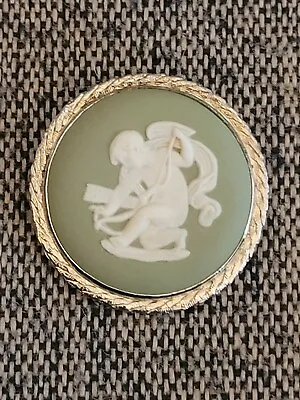 Vintage 1964 Sterling Silver Wedgwood Jasperware Sage Green Pendant Pin • $50