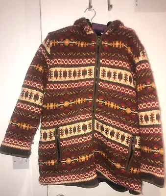 Pachamama Hooded Zipped Jacket/ Cardigan Hand Knitted 100% Wool. Size L • £24