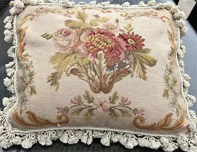 Vintage French Aubusson Wool Pillow Tassle Down Pillow Tapestry Needlepoint • $119