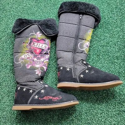 Ed Hardy Love Kills Slowly Black Suede Fur Knee High Zip Boots Womens US 7 • $63.95